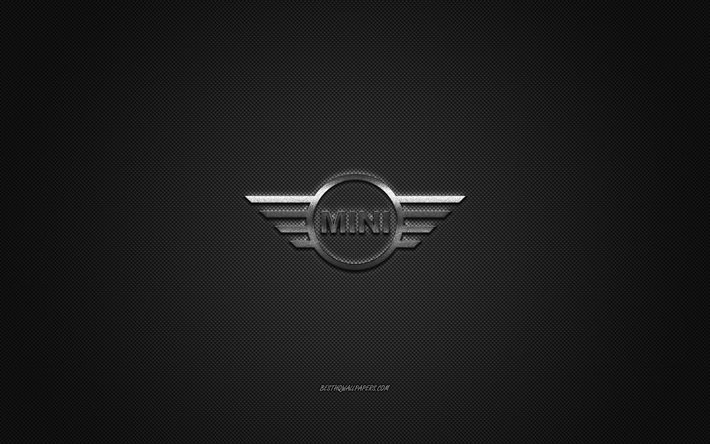 Mini logo, silver logo, gray carbon fiber background, Mini metal emblem, Mini, cars brands, creative art