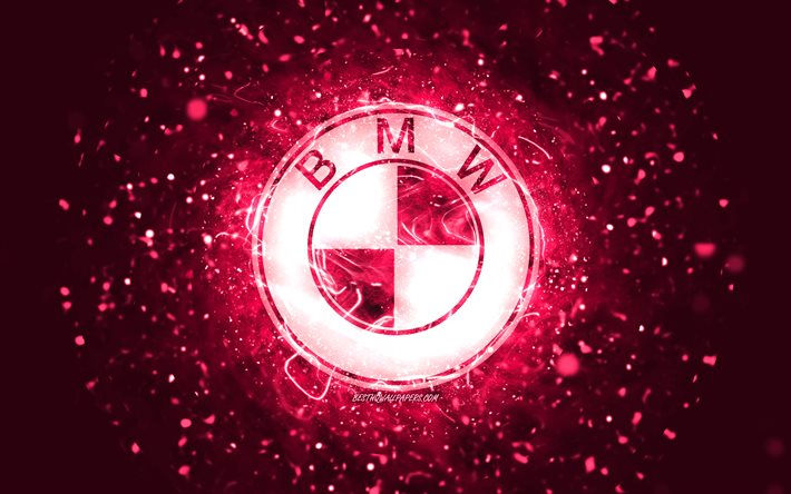 Logo rosa BMW, 4K, luci al neon rosa, creativo, sfondo astratto rosa, logo BMW, marche di automobili, BMW
