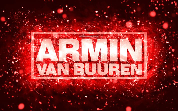 Armin van Buuren logo rouge, 4k, DJ n&#233;erlandais, n&#233;ons rouges, cr&#233;atif, fond abstrait rouge, logo Armin van Buuren, stars de la musique, Armin van Buuren
