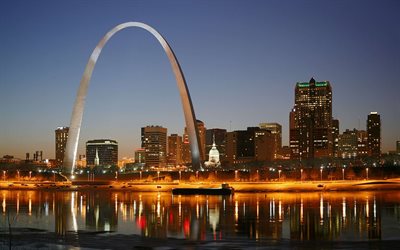 Gateway Arch, St Louis, ilta, auringonlasku, metallikaari, St Louis siluetti, St Louis kaupunkikuvan, Missouri, USA
