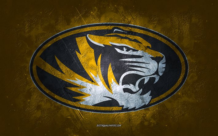 Missouri Tigers, American football team, yellow background, Missouri Tigers logo, grunge art, NCAA, American football, USA, Missouri Tigers emblem