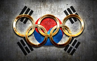 South Korean olympic team, golden olympic rings, South Korea at the Olympics, creative, South Korean flag, metal background, South Korea Olympic Team, flag of South Korea