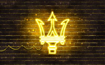 Maserati yellow logo, 4k, yellow brickwall, Maserati logo, cars brands, Maserati neon logo, Maserati