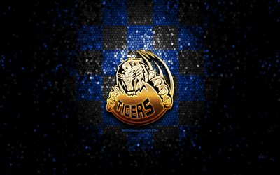 Straubing Tigers, logotipo brilhante, DEL, fundo xadrez preto azulado, h&#243;quei, time alem&#227;o de h&#243;quei, logotipo Straubing Tigers, arte em mosaico, Deutsche Eishockey Liga, liga alem&#227; de h&#243;quei