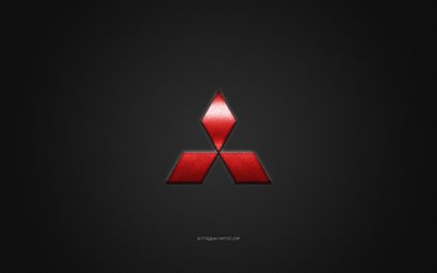 Logotipo da Mitsubishi, logotipo vermelho, fundo cinza de fibra de carbono, emblema de metal da Mitsubishi, Mitsubishi, marcas de carros, arte criativa