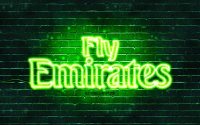 Emirates Airlines green logo, 4k, green brickwall, Emirates Airlines logo, airline, Emirates Airlines neon logo, Emirates Airlines, Fly Emirates