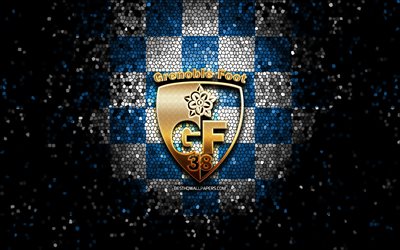 Grenoble Foot 38 FC, logotipo brilhante, Ligue 2, fundo xadrez branco azul, futebol, clube franc&#234;s de futebol, logotipo Grenoble Foot 38, arte em mosaico, Grenoble Foot 38