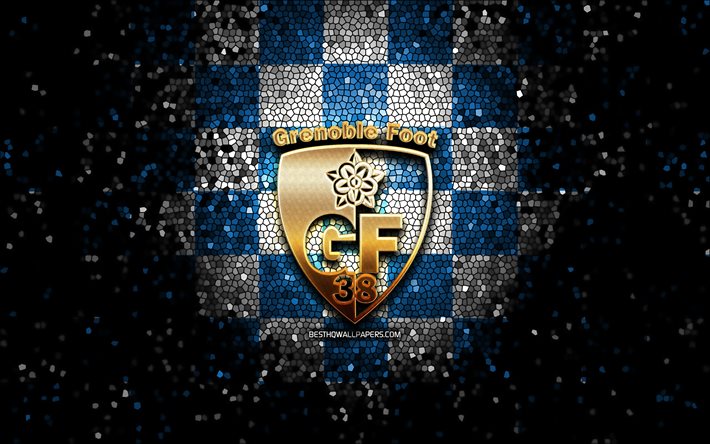 Grenoble Foot 38 FC, glitter logo, Ligue 2, blue white checkered background, soccer, french football club, Grenoble Foot 38 logo, mosaic art, football, Grenoble Foot 38