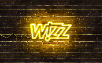 ウィズエアーの黄色のロゴ, 4k, 黄色のレンガの壁, WizzAirのロゴ, 航空会社, WizzAirネオンロゴ, ウィズエアー