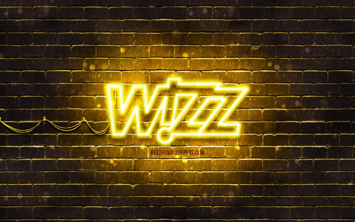 Logo jaune Wizz Air, 4k, brickwall jaune, logo Wizz Air, compagnie a&#233;rienne, logo n&#233;on Wizz Air, Wizz Air