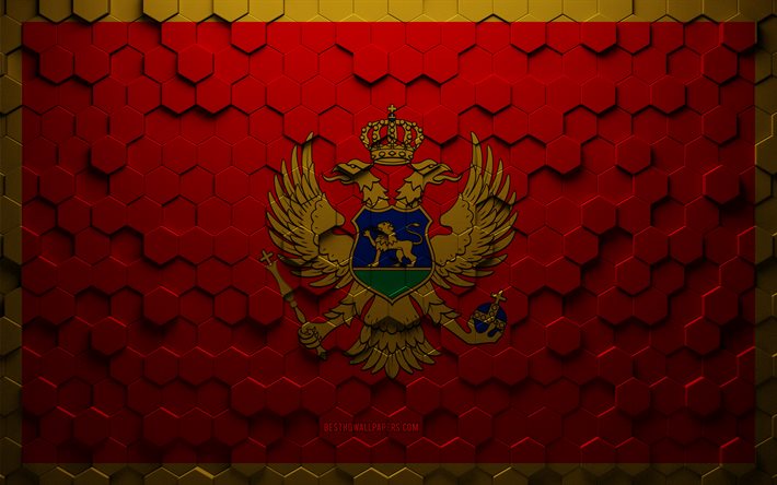 Bandiera del Montenegro, arte a nido d&#39;ape, bandiera di esagoni del Montenegro, Montenegro, arte di esagoni 3d, bandiera del Montenegro
