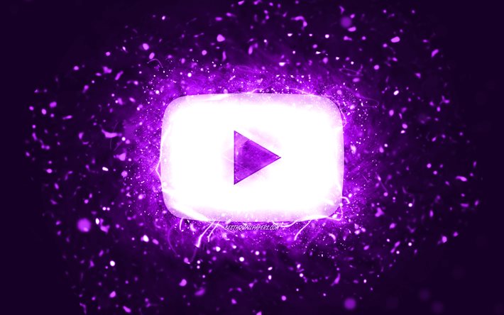 Logotipo violeta do Youtube, 4k, luzes de n&#233;on violeta, rede social, criativo, fundo abstrato violeta, logotipo do Youtube, Youtube
