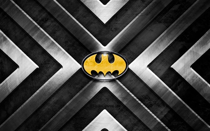 Batman metal logosu, 4K, gri metal arka plan, metal oklar, Batman logosu, Yarasa adam, s&#252;per kahramanlar, yaratıcı, Batman
