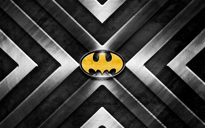 Batman metalllogotyp, 4K, gr&#229; metallbakgrund, metallpilar, Batman-logotyp, Batman, superhj&#228;ltar, kreativ