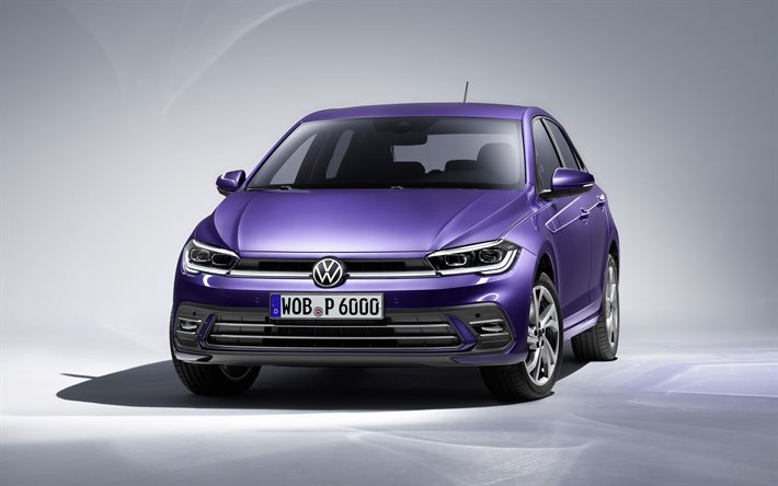 2022, Volkswagen Polo Style, 4k, exterior, front view, purple hatchback, new purple Polo, new 2022 Polo exterior, German cars