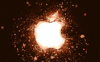 Apple-brun logotyp, 4k, bruna neonljus, kreativ, brun abstrakt bakgrund, Apple-logotyp, varum&#228;rken, Apple