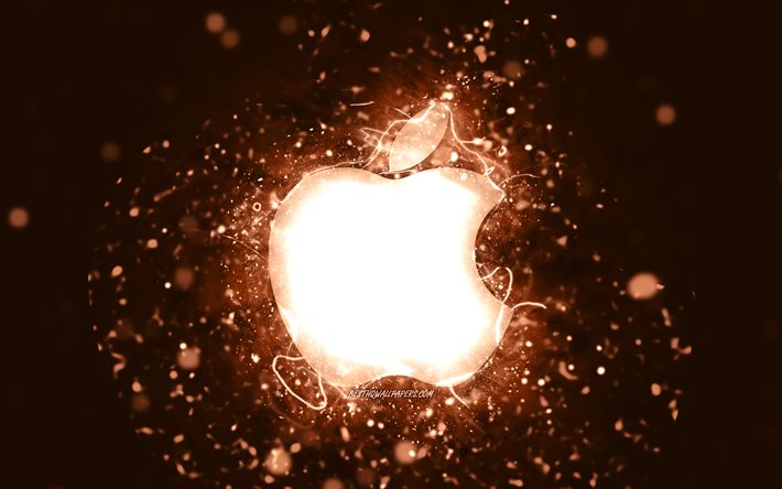 Apple kahverengi logosu, 4k, kahverengi neon ışıklar, yaratıcı, kahverengi arka plan, Apple logosu, markalar, Apple