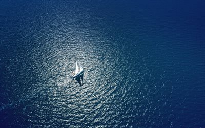 海のヨット, 上からの眺め, 海, エアロビュー, 波、, 白い帆船, 孤独の概念