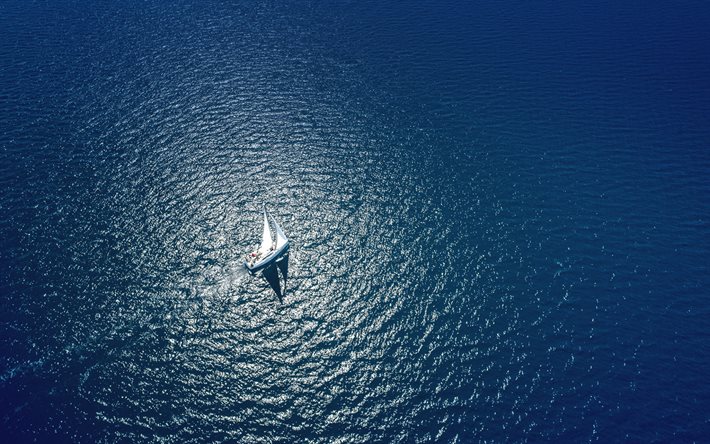 yacht at sea, view from above, sea, aero view, waves, white sailboat, loneliness concepts