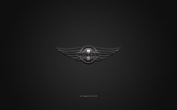 Morgan logo, silver logo, gray carbon fiber background, Morgan metal emblem, Morgan, cars brands, creative art