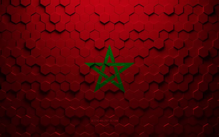 Drapeau du Maroc, art en nid d&#39;abeille, drapeau des hexagones du Maroc, Maroc, art des hexagones 3d, drapeau du Maroc