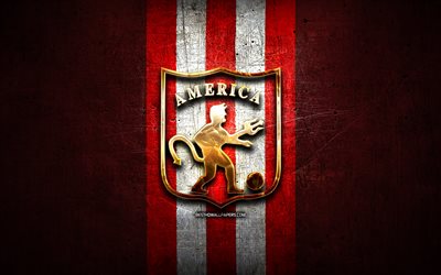 CD Amarica de Cali, logo dourado, Categoria Primera A, fundo de metal vermelho, futebol, clube de futebol colombiano, CD Amarica de Cali logo, America de Cali