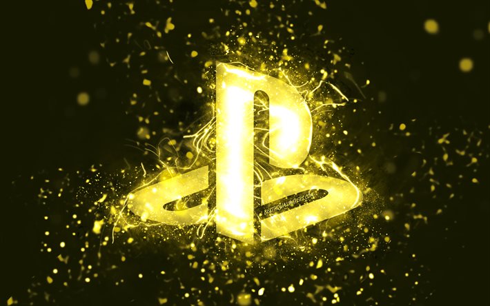 PlayStation yellow logo, 4k, yellow neon lights, creative, yellow abstract background, PlayStation logo, PlayStation