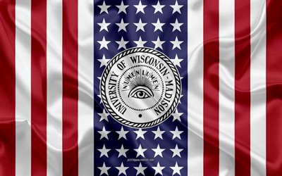 University of Wisconsin-Madison Emblem, American Flag, University of Wisconsin-Madison logo, Madison, Wisconsin, USA, University of Wisconsin-Madison