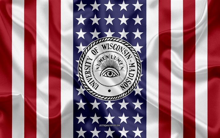 Embl&#232;me de l&#39;Universit&#233; du Wisconsin-Madison, drapeau am&#233;ricain, logo de l&#39;Universit&#233; du Wisconsin-Madison, Madison, Wisconsin, &#201;tats-Unis, Universit&#233; du Wisconsin-Madison