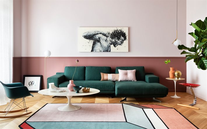 stylish living room design, modern interior design, green sofa in the living room, pink walls in the living room, retro style interior