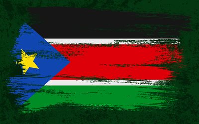 4k, drapeau du Soudan du Sud, drapeaux de grunge, pays africains, symboles nationaux, coup de pinceau, art grunge, Afrique, Soudan du Sud