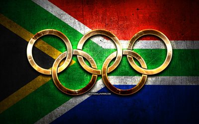 Squadra olimpica sudafricana, anelli olimpici d&#39;oro, Sud Africa alle Olimpiadi, creativo, bandiera sudafricana, sfondo di metallo, squadra olimpica sudafricana, bandiera del Sudafrica