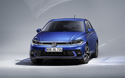 2022, Volkswagen Polo R-Line, 4k, vista frontal, exterior, porta traseira azul, novo Polo R-Line azul, novo Polo exterior, carros alem&#227;es, Volkswagen