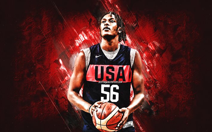 Myles Turner, USA national basketball team, USA, American basketball player, portrait, United States Basketball team, red stone background