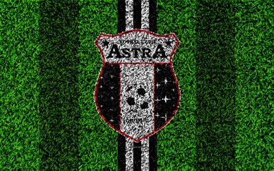 AFC Astra Giurgiu, 4k, logo, football lawn, Romanian football club, black and white lines, grass texture, emblem, Liga I, Giurgiu, Romania, football