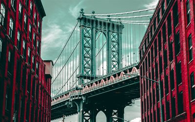 Manhattan Bridge, 4k, New York, cityscapes, USA, NYC, America