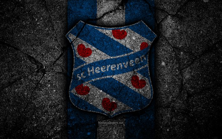 4k, Heerenveen FC, logotyp, Eredivisie, fotboll, grunge, Holland, football club, Heerenveen, asfalt konsistens, FC Heerenveen
