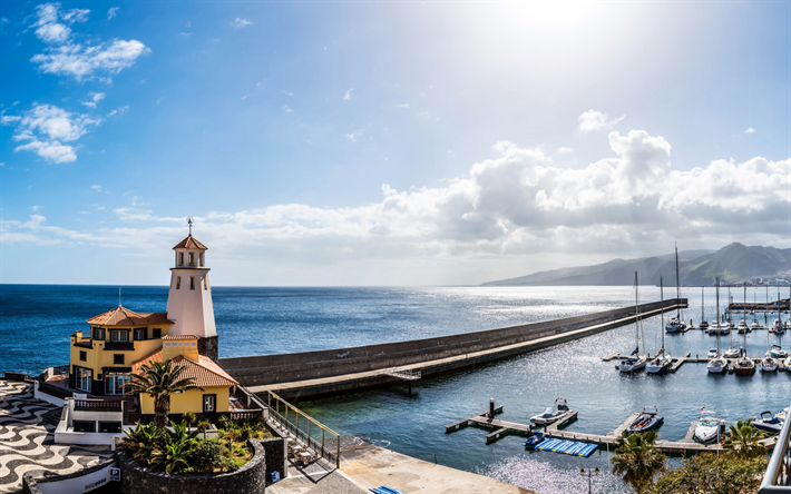 coast, lighthouse, seascape, summer, yachts, bay, yacht parking, Portugal