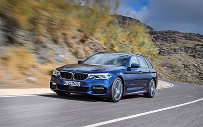 BMW 5-series Touring, M Sport, G31, 2018, 530d xDrive, exterior, front view, new blue station wagon, blue M5, German cars, BMW
