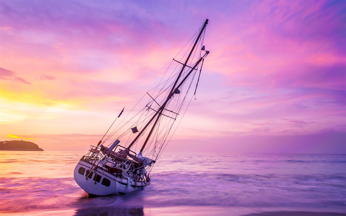 velero, puesta de sol, paisaje marino, blanco yate, las nubes de color rosa
