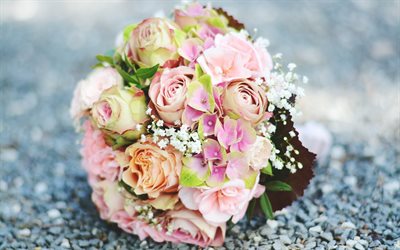 rosas de color rosa, ramo de novia, rosas, verde, rosa, boda conceptos