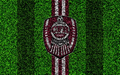 CFR 1907 Cluj, 4k, logo, football pelouse, roumain, club de football, brun lignes blanches, de l&#39;herbe, de la texture, de l&#39;embl&#232;me de la Liga I, Cluj-Napoca, Roumanie de football
