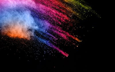 multicolored splashes, black background, colorful paints, colored smoke, splashes