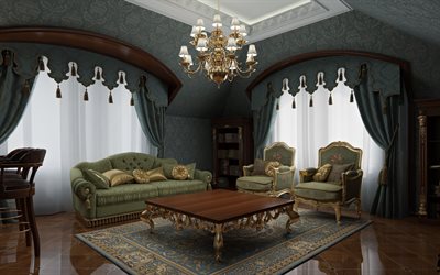 classical interior of the living room, luxurious interior design, mansard floor, classical interior projects, green living room