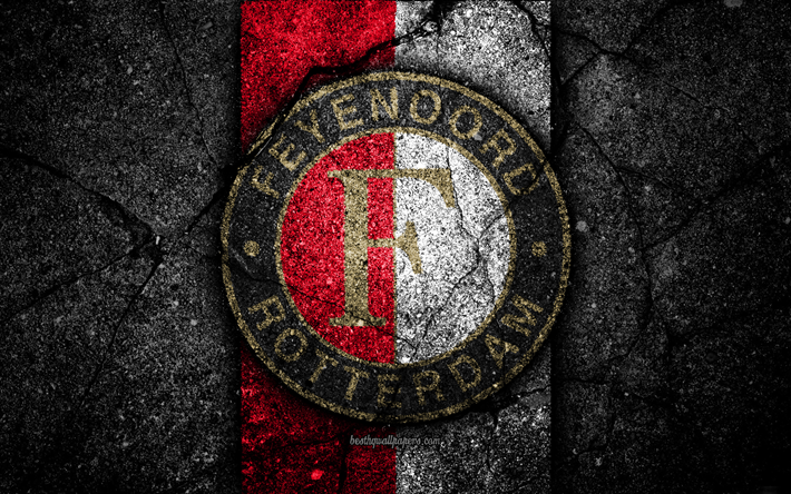 4k, Feyenoord FC, logotyp, Eredivisie, fotboll, grunge, Holland, football club, Feyenoord, asfalt konsistens, FC Feyenoord