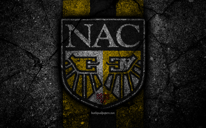4k, NAC Breda FC, logo, Campeonato holand&#234;s, futebol, grunge, Holanda, clube de futebol, NAC Breda, a textura do asfalto, FC NAC Breda