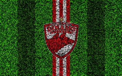 FC Dinamo Bucuresti, 4k, logo, football lawn, Romanian football club, red white lines, grass texture, emblem, Liga I, Bucharest, Romania, football