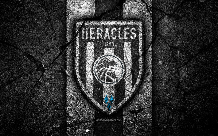 4k, Herakles FC, logotyp, Eredivisie, fotboll, grunge, Holland, football club, Herakles, asfalt konsistens, FC Herakles