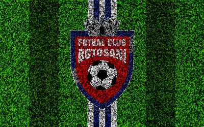 FC Botosani, 4k, logo, football pelouse, roumain, club de football, bleu, blanc, lignes, texture d&#39;herbe, de l&#39;embl&#232;me de la Liga I, Botosani, en Roumanie, en football