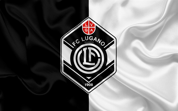 FC Lugano, 4k, textura de seda, logo, su&#237;&#231;a de futebol do clube, preto e branco da bandeira, emblema, Swiss Super League, Lugano, Su&#237;&#231;a, futebol